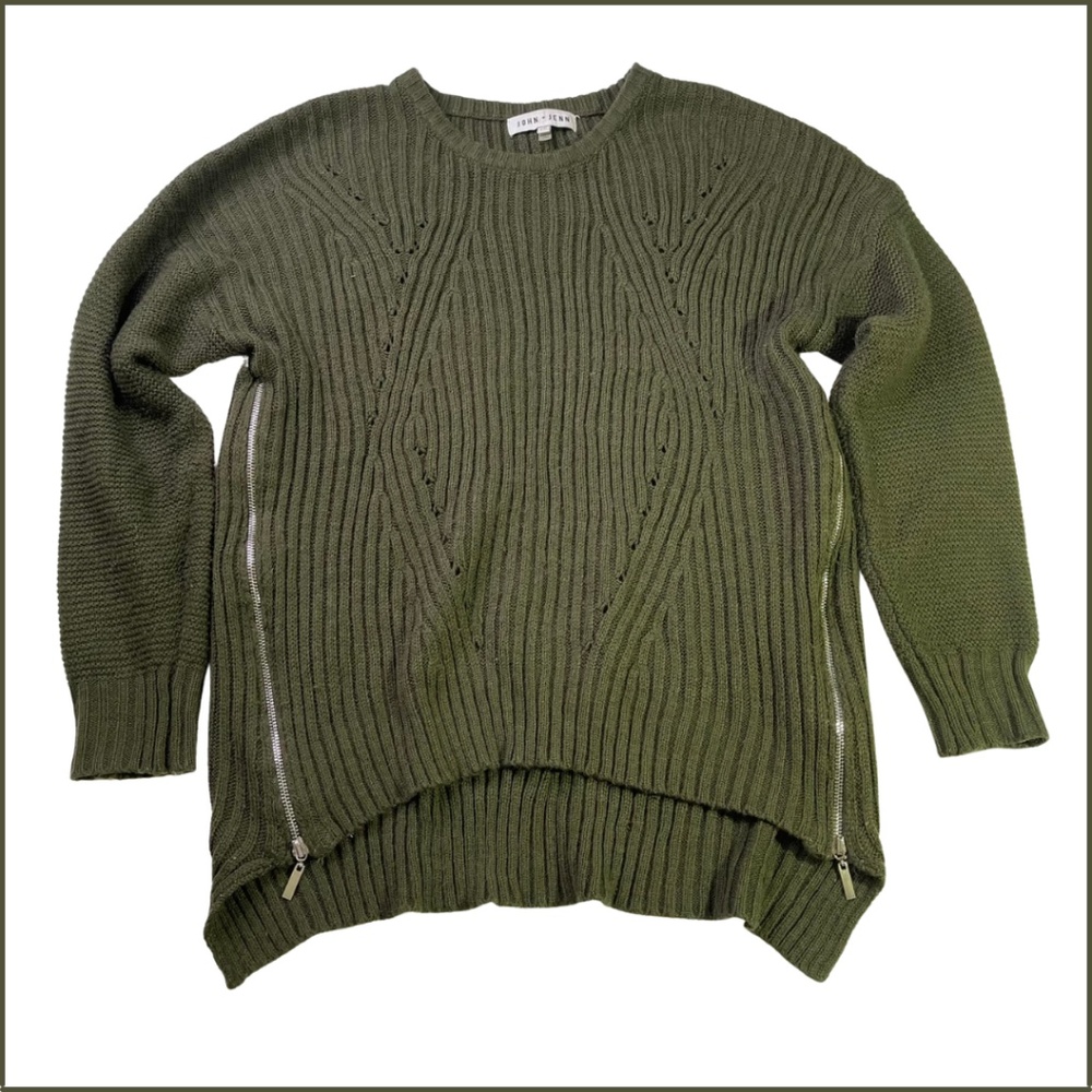John + Jenn Olive Green Ribbed Crewneck Sweater with Side Zippers
